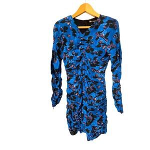 Zara Draped floral print bodycon dress blue long sleeve ruched  Size XS